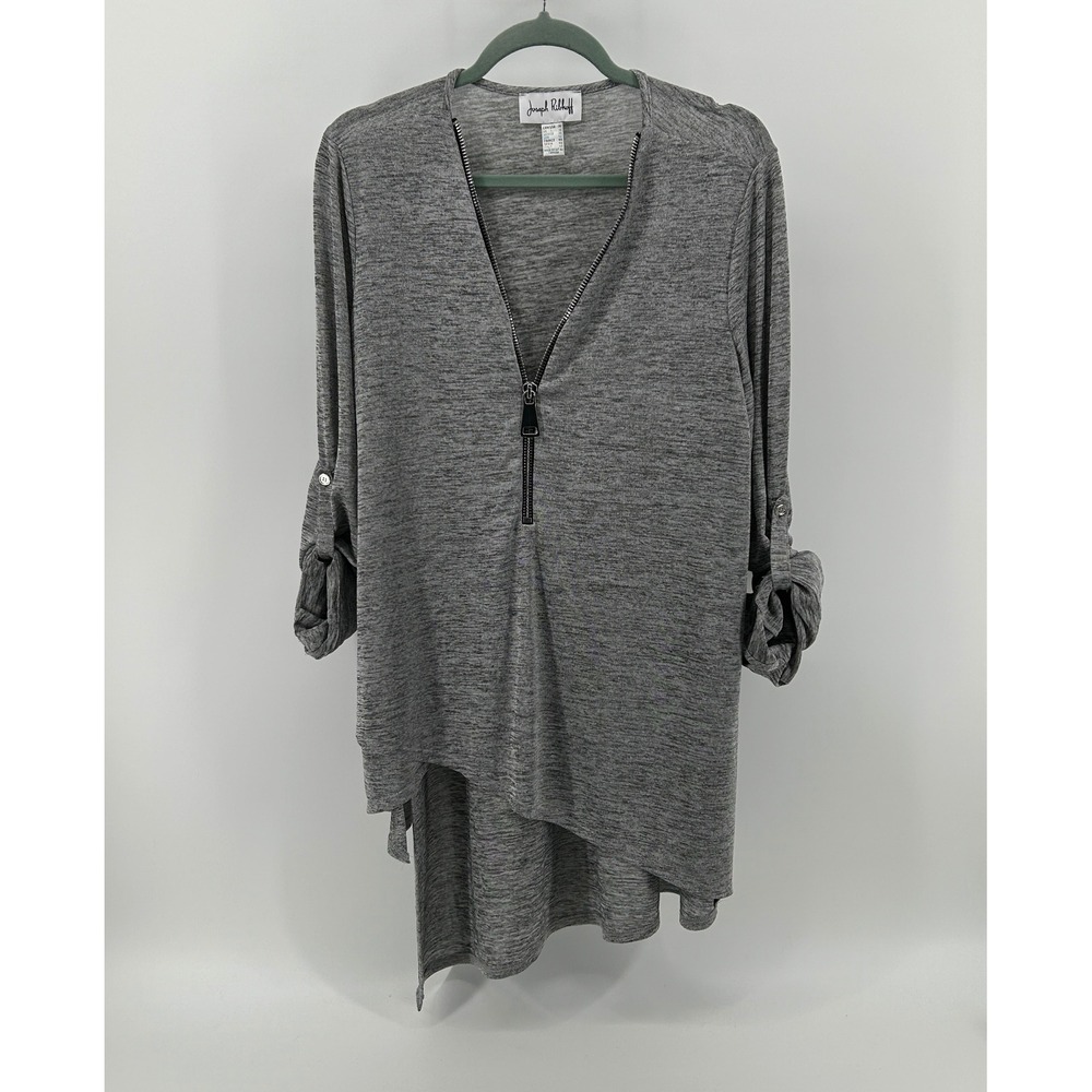 Joseph Ribkoff Gray Zip Neck Asymmetrical Tunic Roll Tab Blouse‎ 14 Artsy Slinky